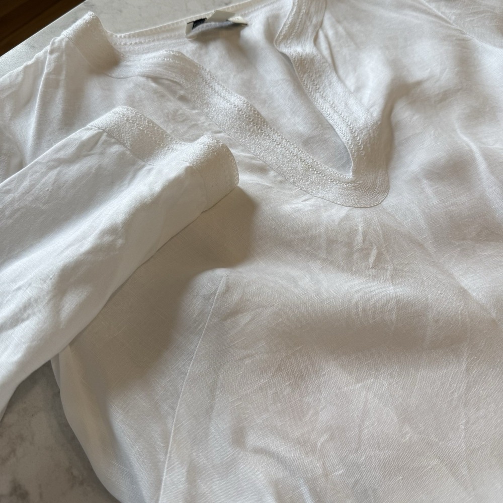 BANANA REPUBLIC Linen Long Sleeve Tunic Blouse Split Neck Lace Trim White Medium